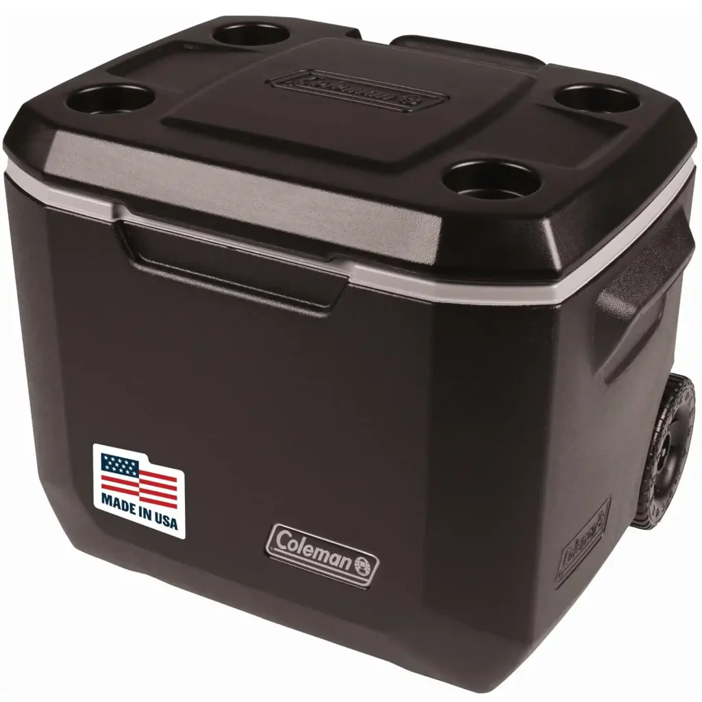 Coleman Xtreme blue wheeled cooler with cup holders on lid