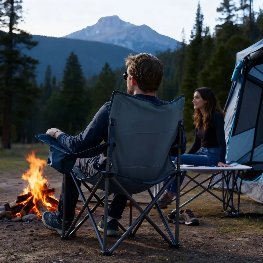 Man relaxing in a comfortable camping chair with lumbar support near a campfire