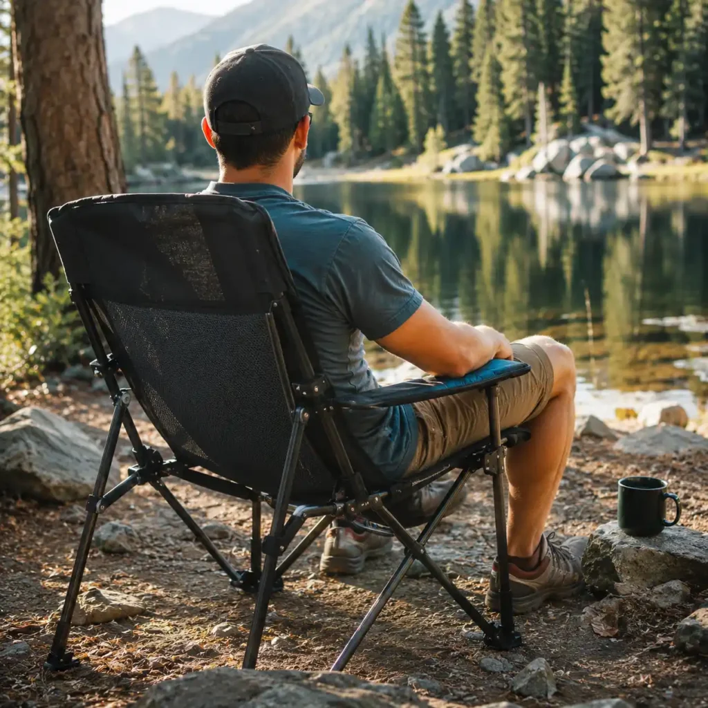 Camper relaxing in a supportive camping chair beside a mountain lake while enjoying comfortable outdoor seating during a camping trip