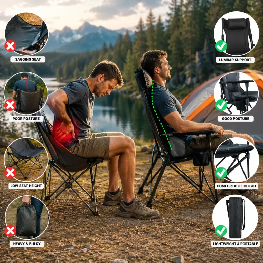 Comparison of poor and proper camping chair support showing common mistakes that contribute to back pain at a campsite