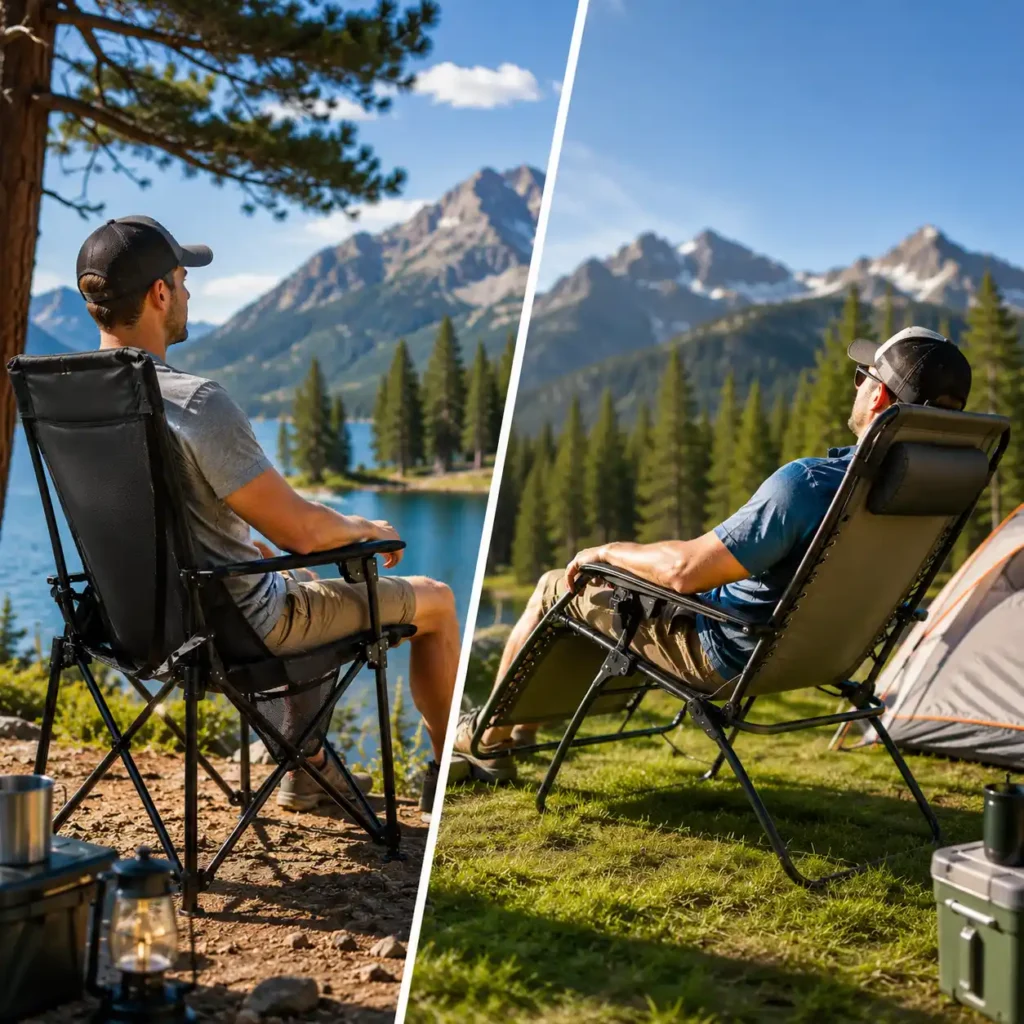 Comparison of a high-back camping chair and a zero-gravity recliner beside a mountain lake campsite