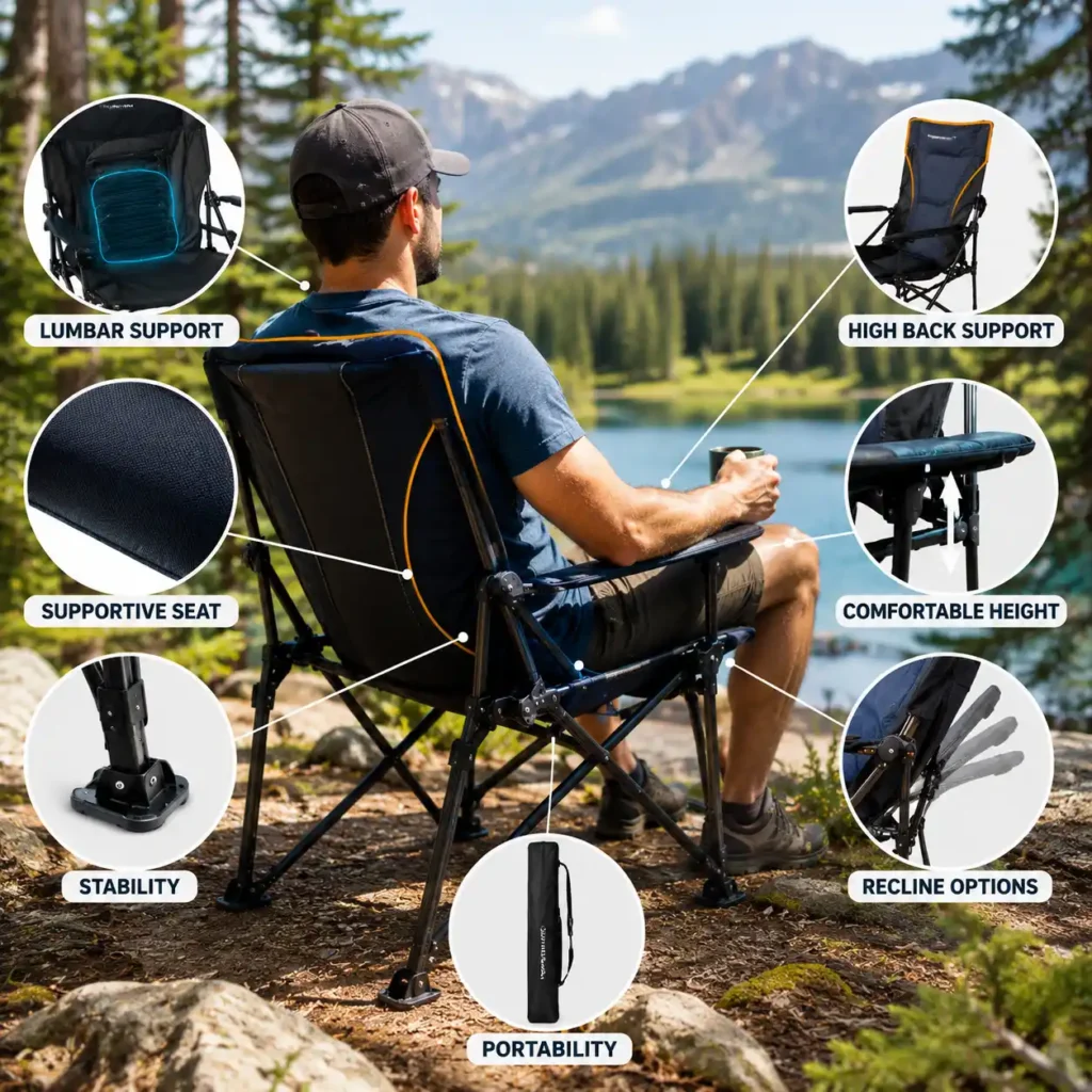 Camper sitting in a supportive camping chair showing lumbar support, seat stability, backrest height, and comfort features beside a mountain lake