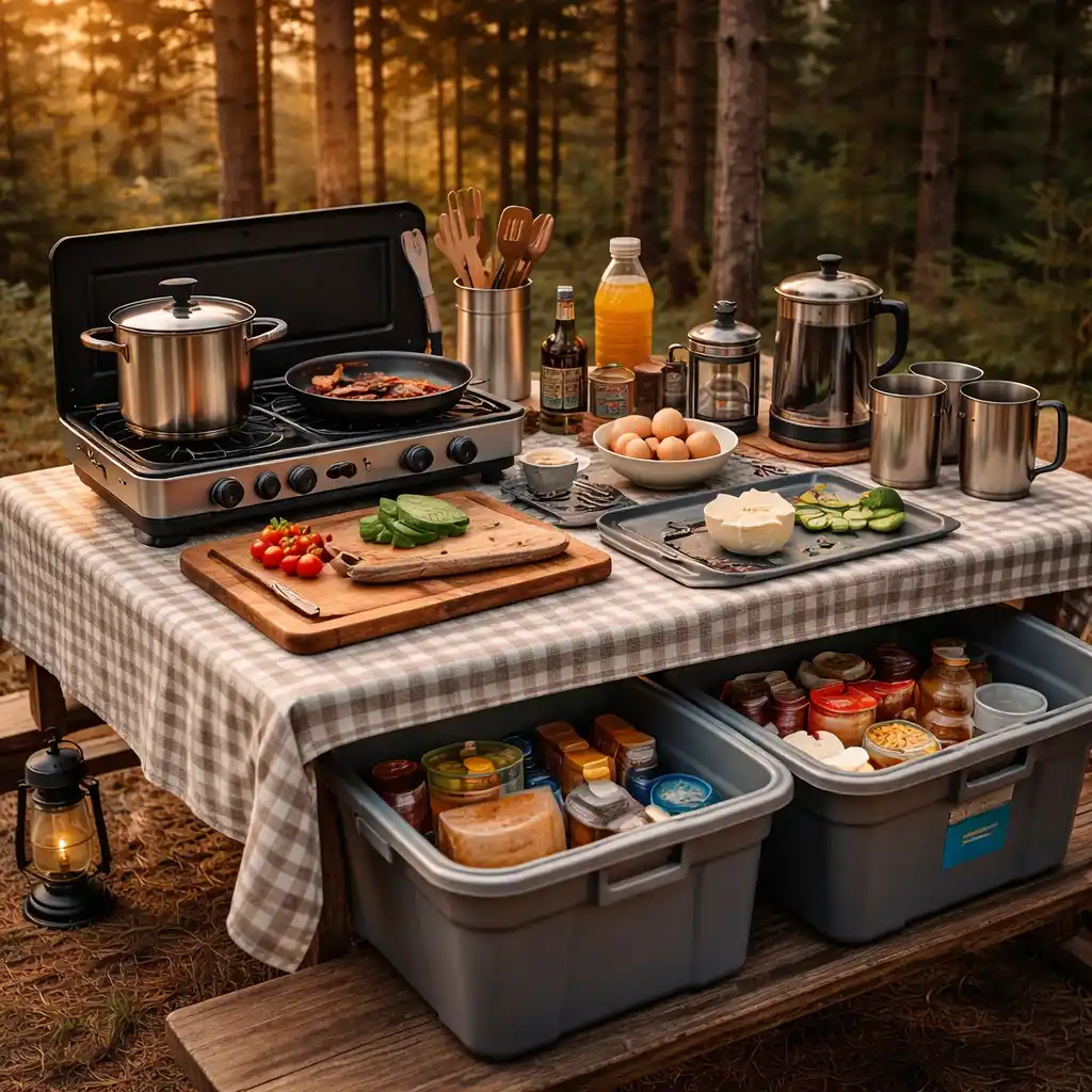 car camping kitchen essentials with stove and cookware