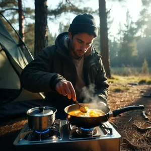 Man cooking eggs on a 2-burner camping stove near a tent