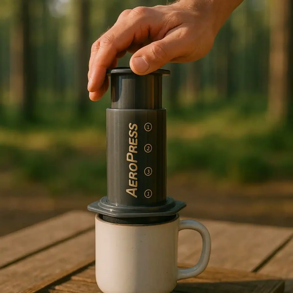 Brewing coffee with an AeroPress while camping in the woods