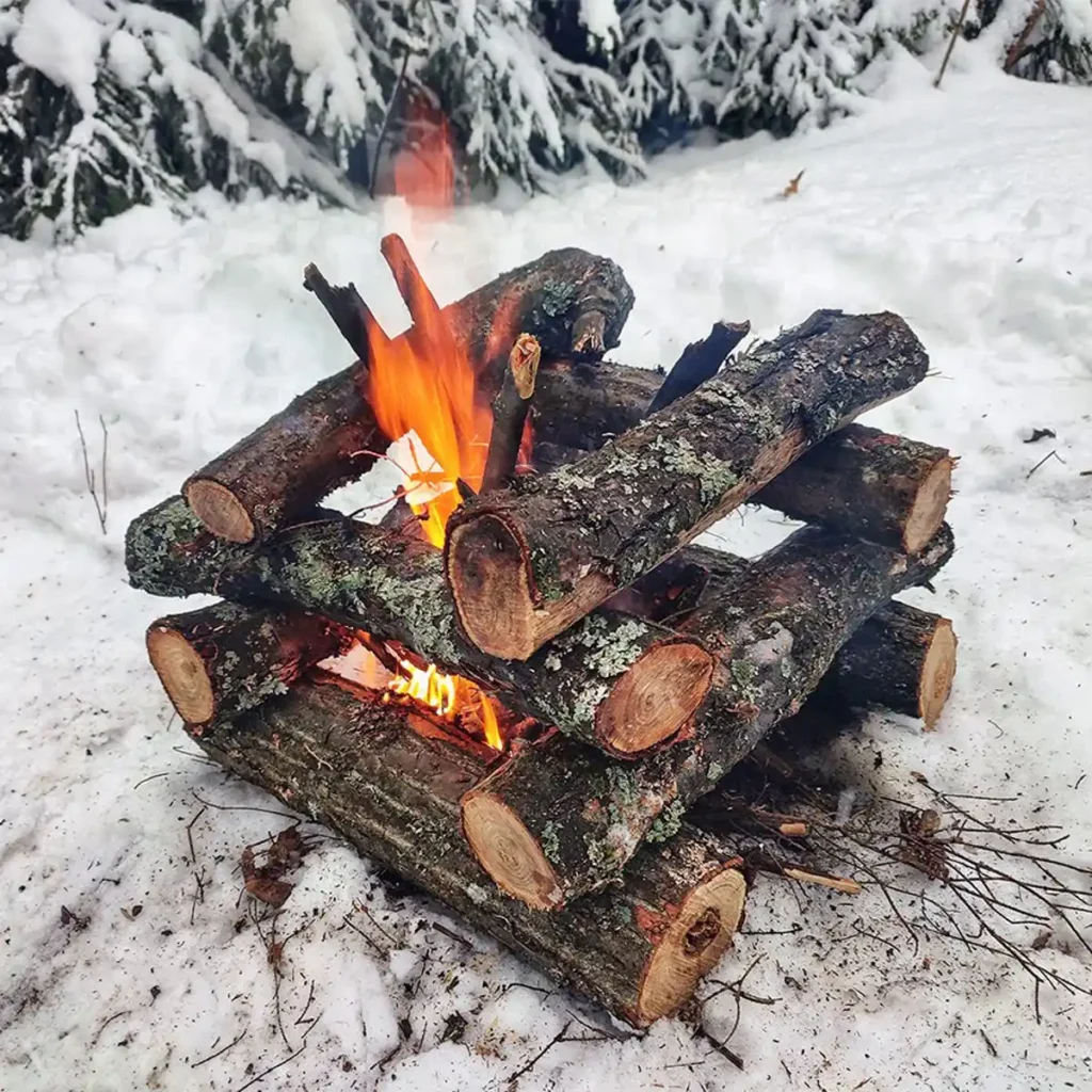 Log cabin style campfire wood structure setup