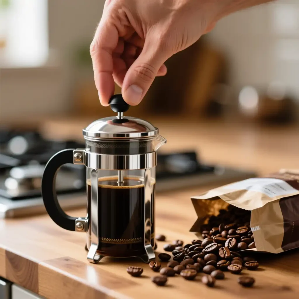Making coffee with a stainless steel french press while camping