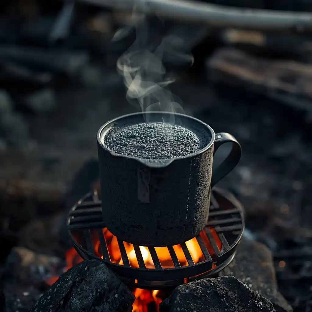 Making cowboy coffee in a pot over an open campfire