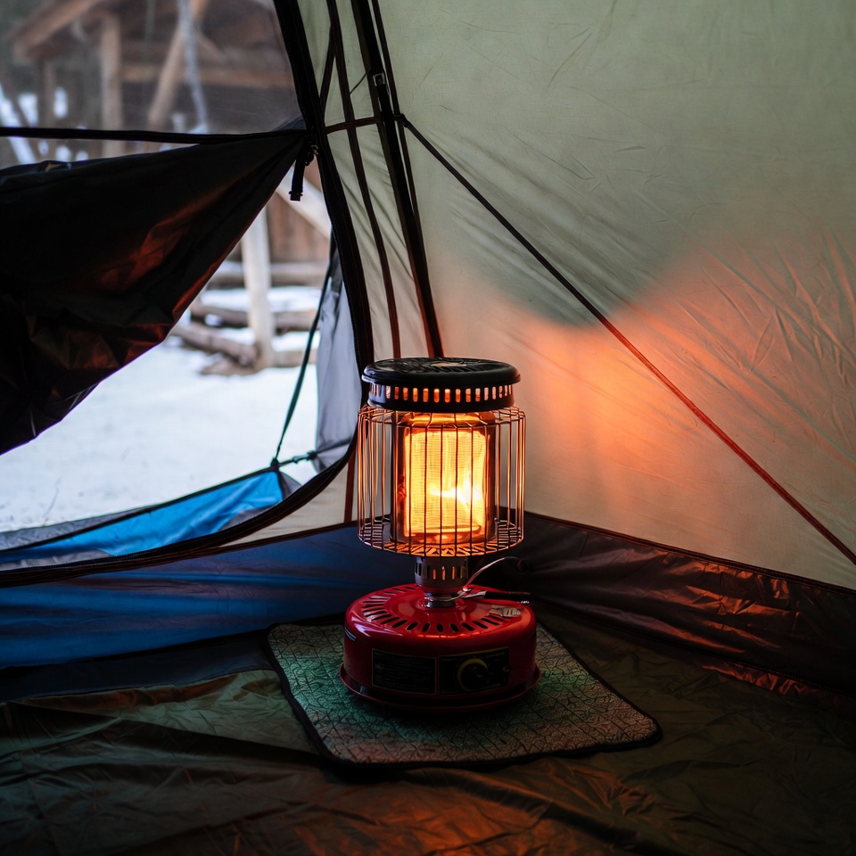 Portable propane tent heater keeping a tent warm in winter