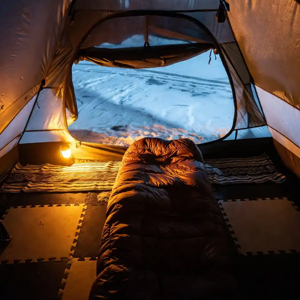 Portable propane tent heater keeping a tent warm in winter