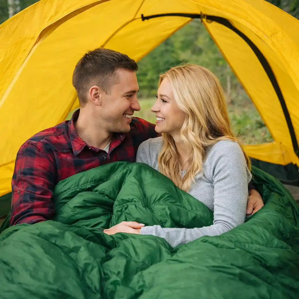 Smiling couple sitting inside a bright yellow tent wrapped in a green sleeping bag.