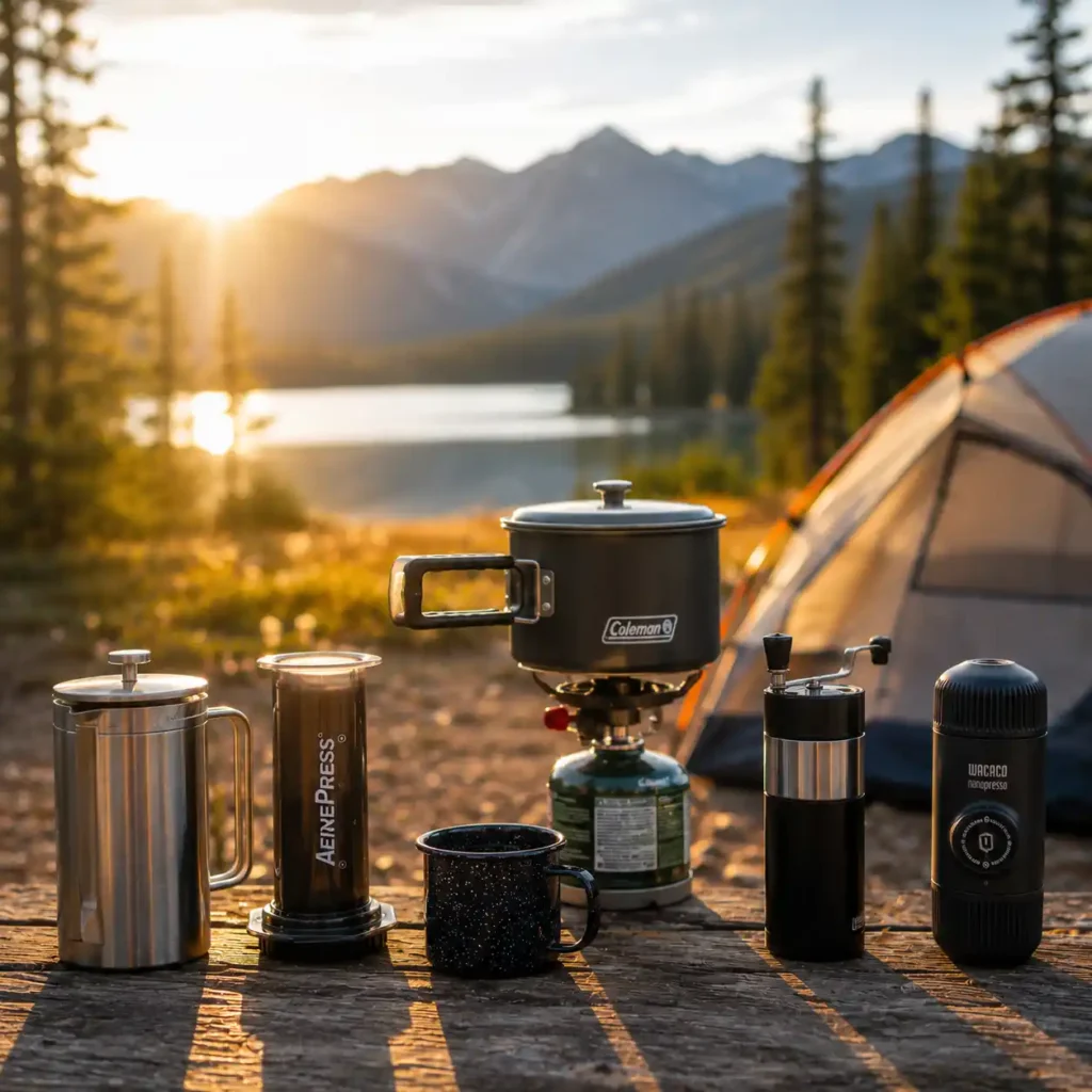 Comparison of popular camping coffee makers displayed on a campsite table during a sunny mountain camping trip.