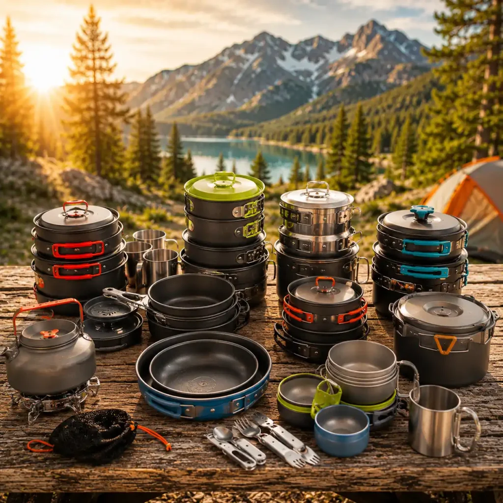 Collection of camping cookware sets displayed at a sunny mountain campsite, showcasing different options for outdoor cooking and helping campers choose the best cookware for their needs.