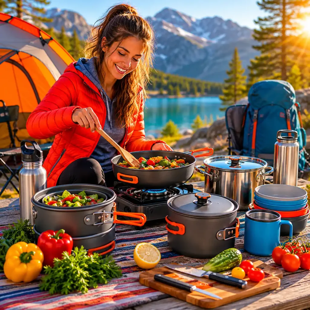 Woman cooking with camping cookware at a sunny lakeside campsite surrounded by mountains