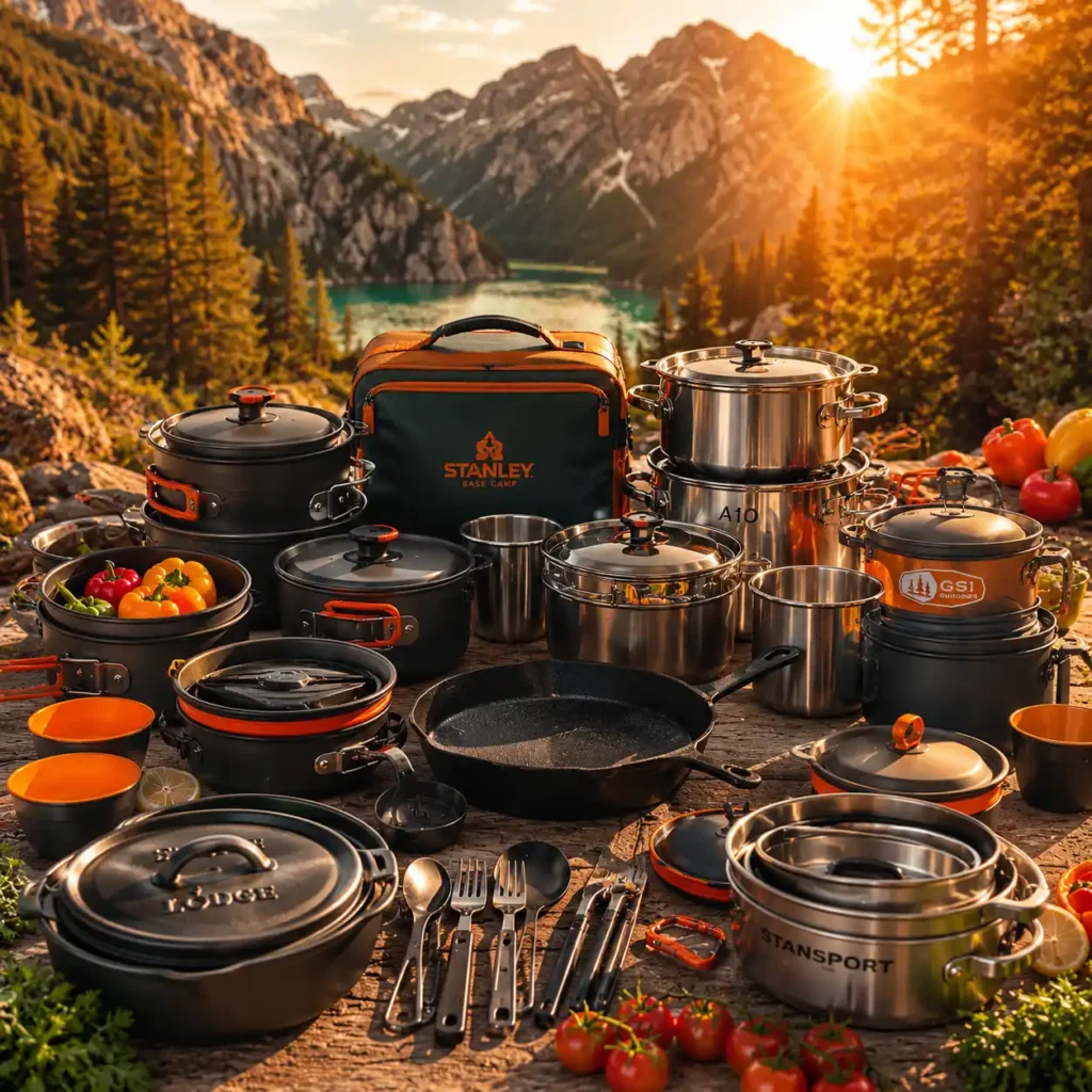 Collection of the best camping cookware sets displayed at a sunny mountain campsite with cookware organized for outdoor cooking.