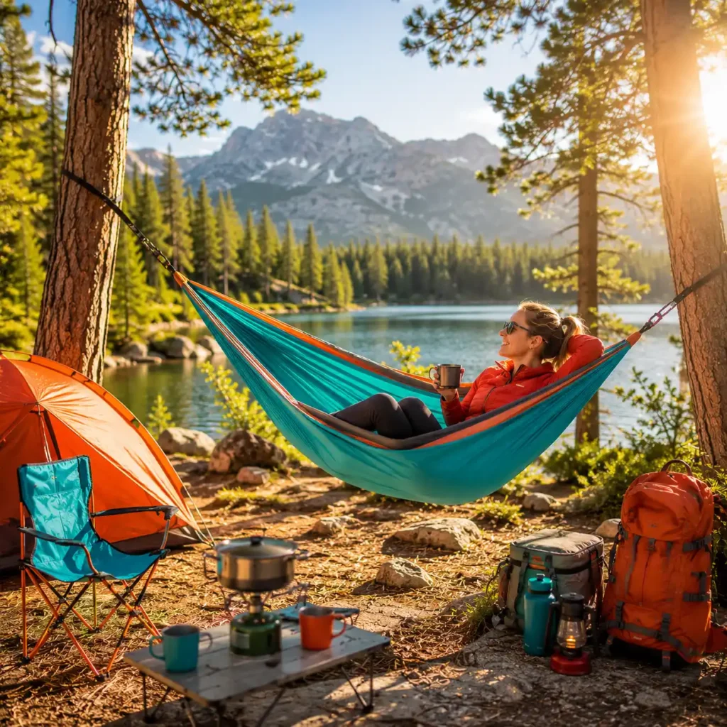 Woman relaxing in a camping hammock beside a mountain lake campsite surrounded by pine trees and outdoor gear
