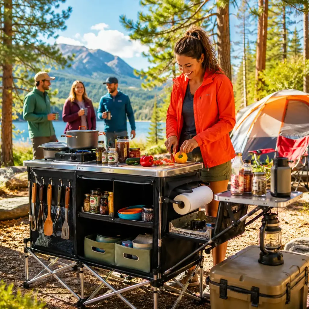 Organized camping kitchen setup with a camper preparing food at a lakeside campsite surrounded by mountains and pine trees