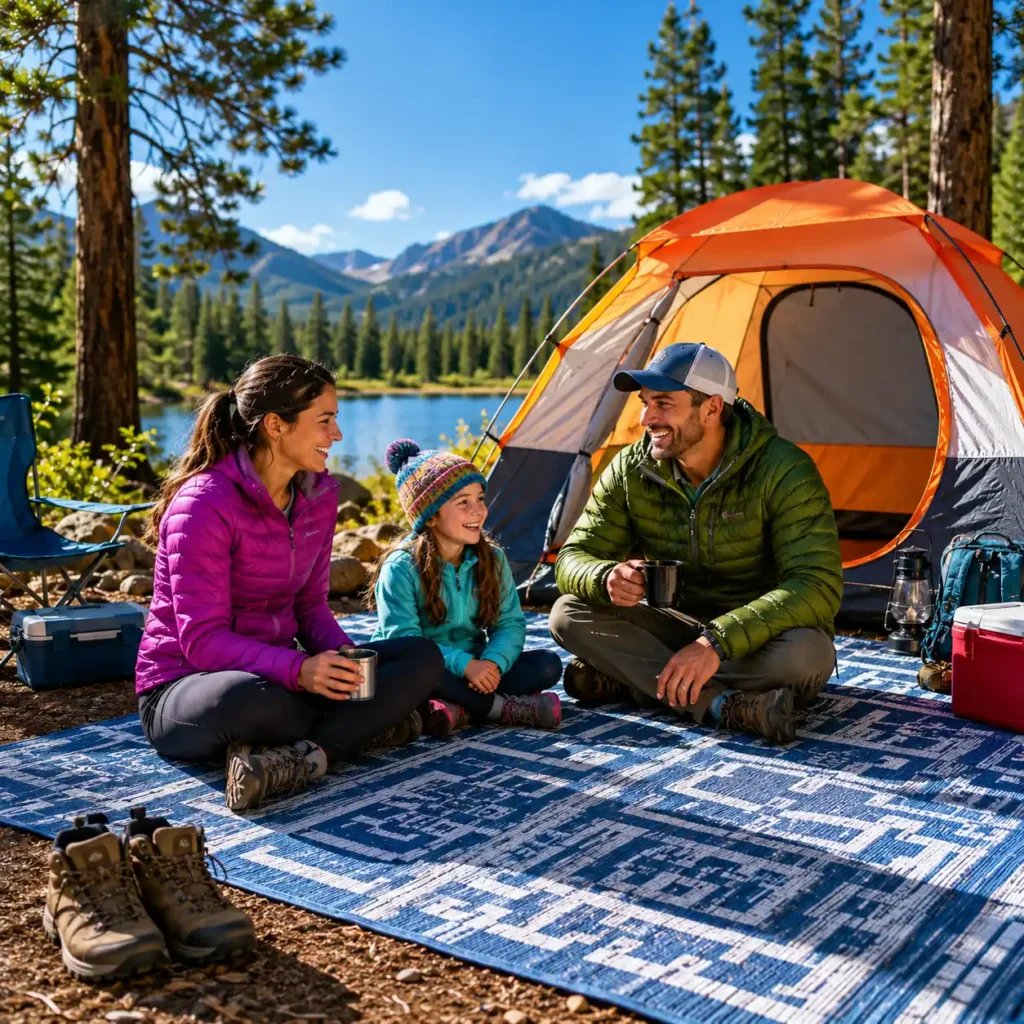 Family campers relaxing on a camping rug outside a tent beside a lake, showcasing one of the best camping rugs for tents in 2026