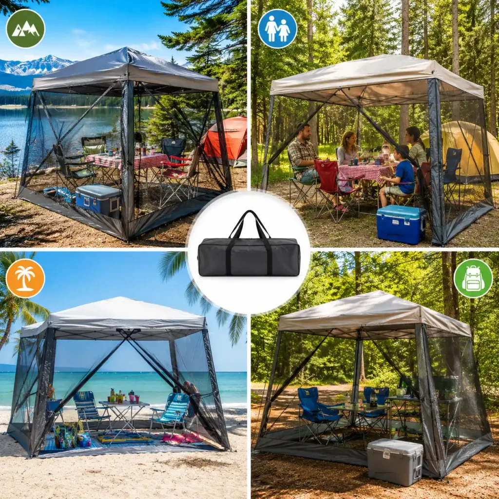 Camping screen houses set up in different outdoor environments including lakeside, forest, beach, and family campgrounds, demonstrating options for various camping styles.