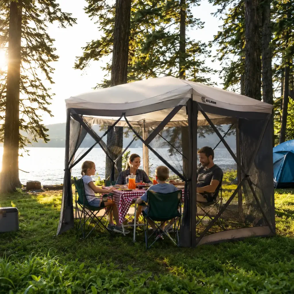 Family enjoying a sunny camping trip inside a screen house by a lakeside campsite, protected from bugs, with forest views and warm summer sunlight