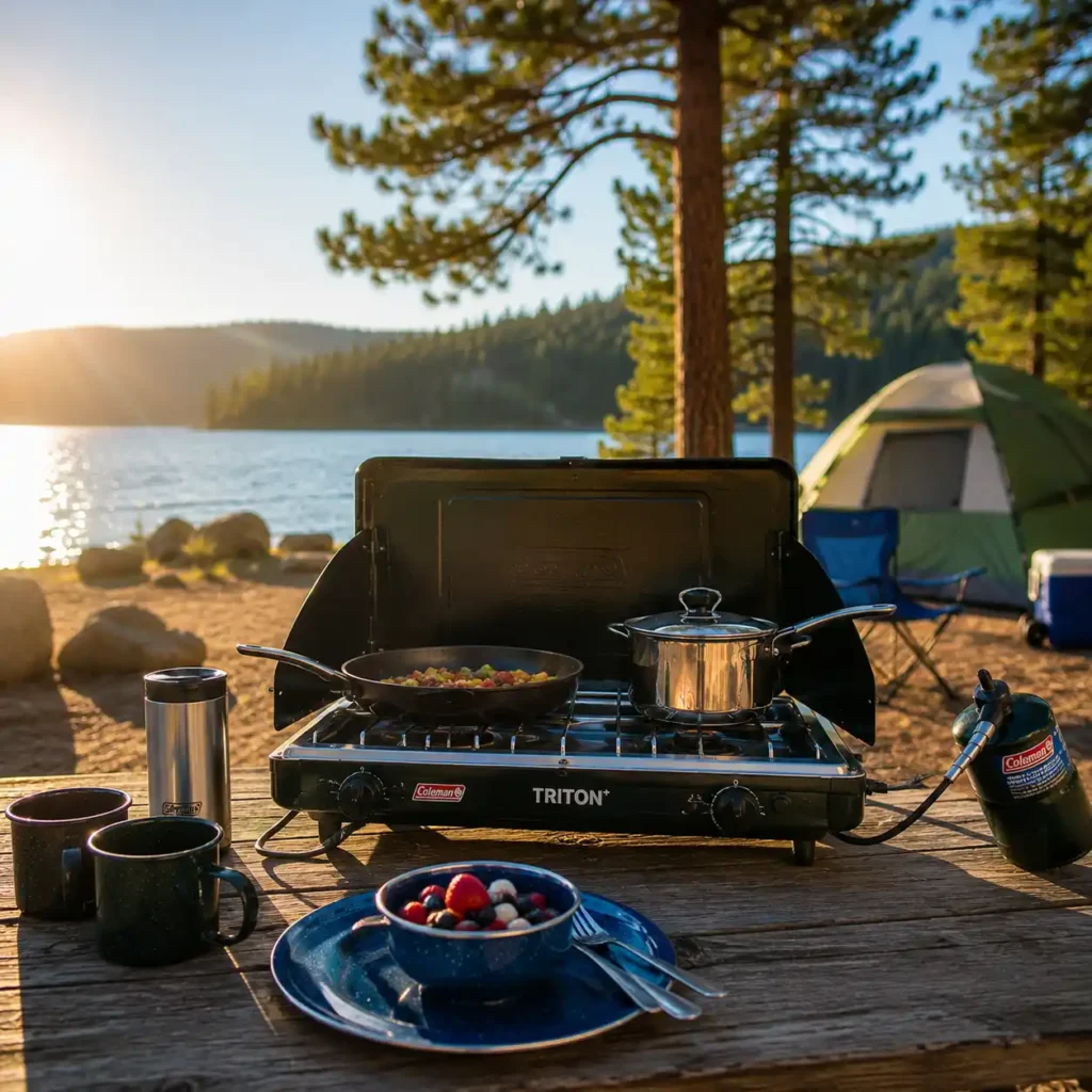 Two-burner propane camping stove setup at a sunny lakeside car camping campsite