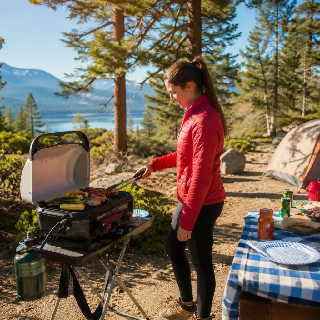 Woman grilling food on a portable gas grill at a sunny lakeside campsite during a car camping trip.
