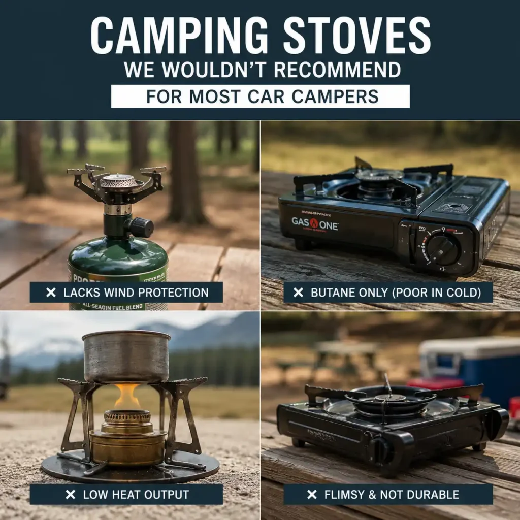 Collage of portable camping stoves with common problems for car camping use