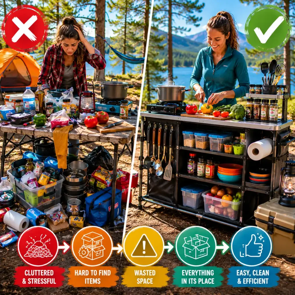 Comparison of disorganized and organized camp kitchen setups showing common camping kitchen organization mistakes and efficient storage solutions