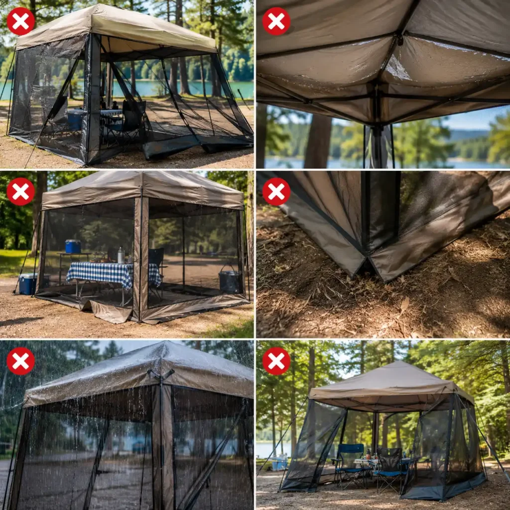 Common camping screen house mistakes including poor anchoring, loose mesh panels, sagging roof sections, and improper setup at a sunny campsite.