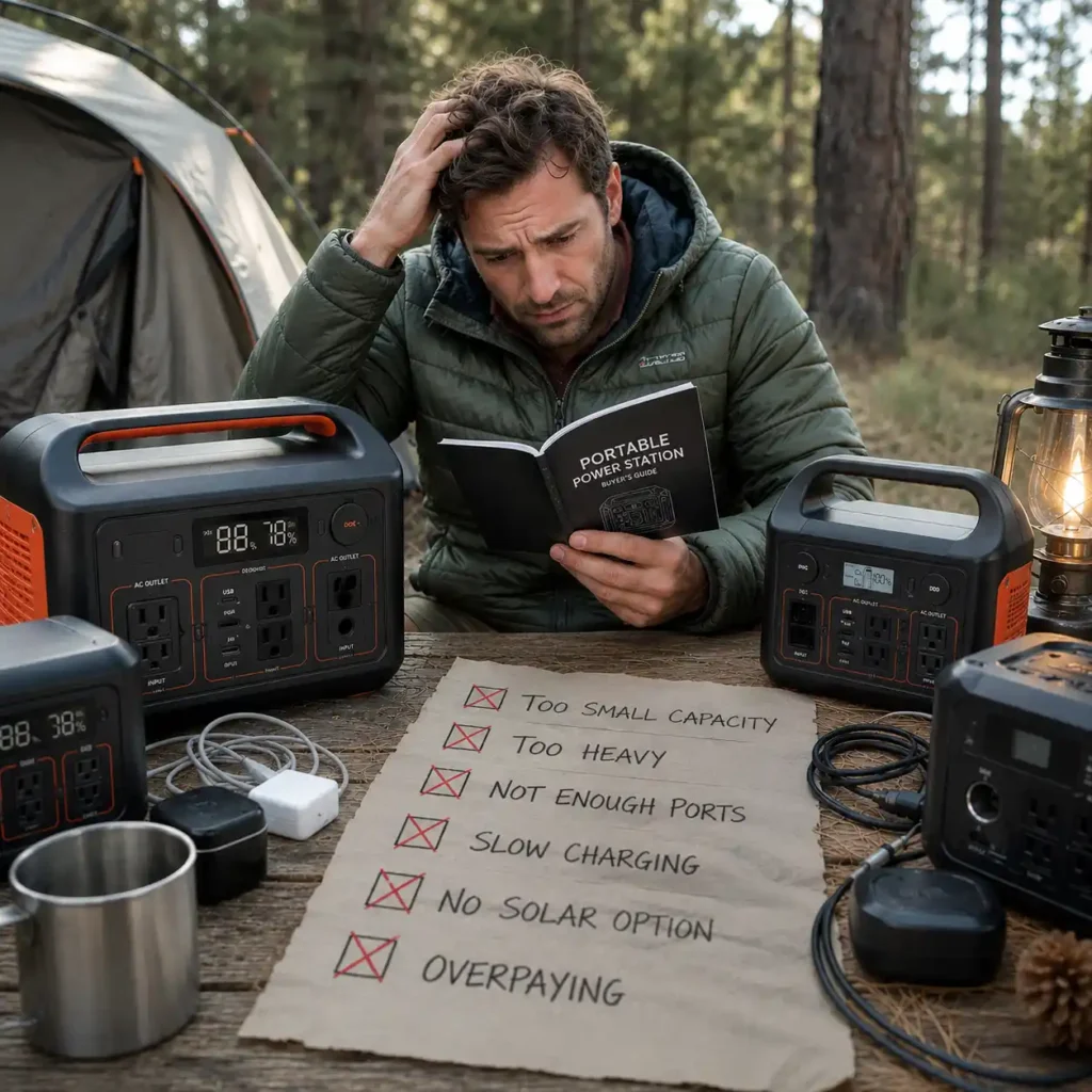 Camper comparing portable power stations at a forest campsite while reviewing a checklist of common buying mistakes before choosing the right portable power station for camping.