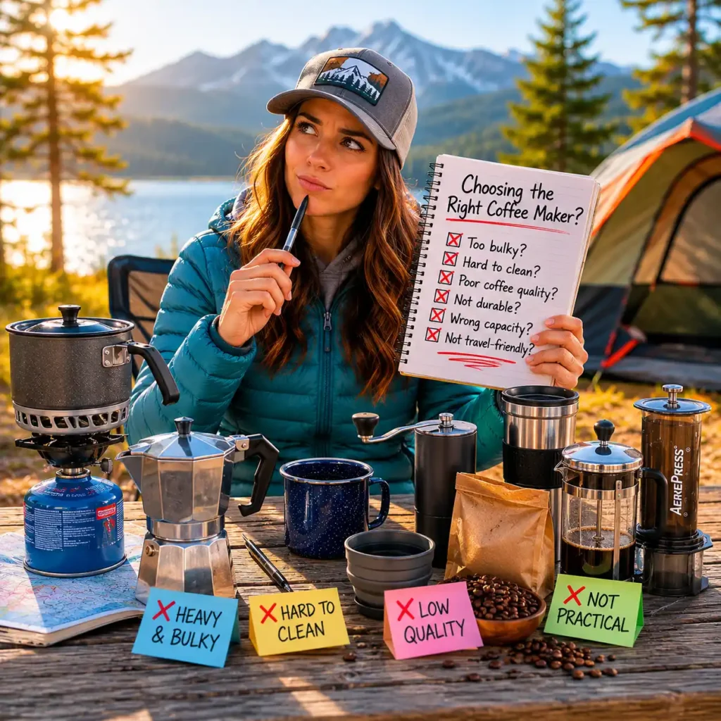 Thoughtful camper comparing different coffee makers at a sunny campsite to avoid common mistakes when choosing a camping coffee maker.