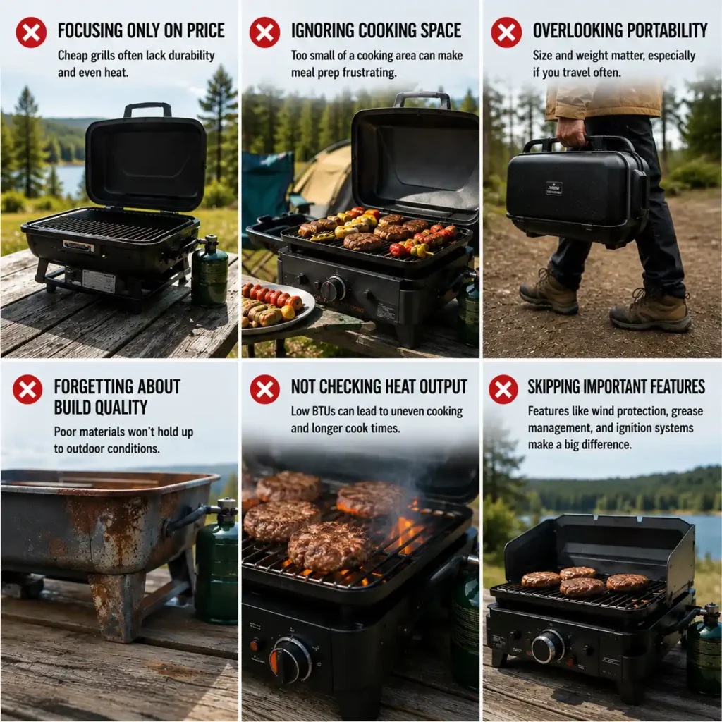 Infographic showing common mistakes to avoid when choosing a portable camping gas grill, including portability, cooking space, heat output, and build quality considerations.