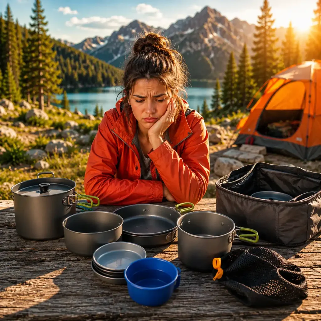 Disappointed woman at a sunny campsite looking frustrated with her camping cookware selection after making common buying mistakes.