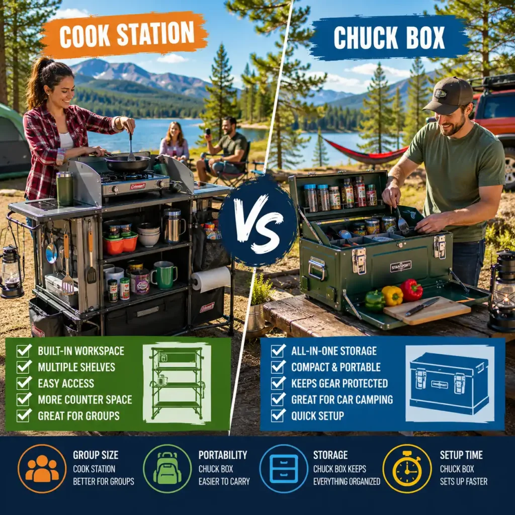 Cook station and chuck box camping kitchen organizer comparison at a scenic campsite with cooking gear and storage systems