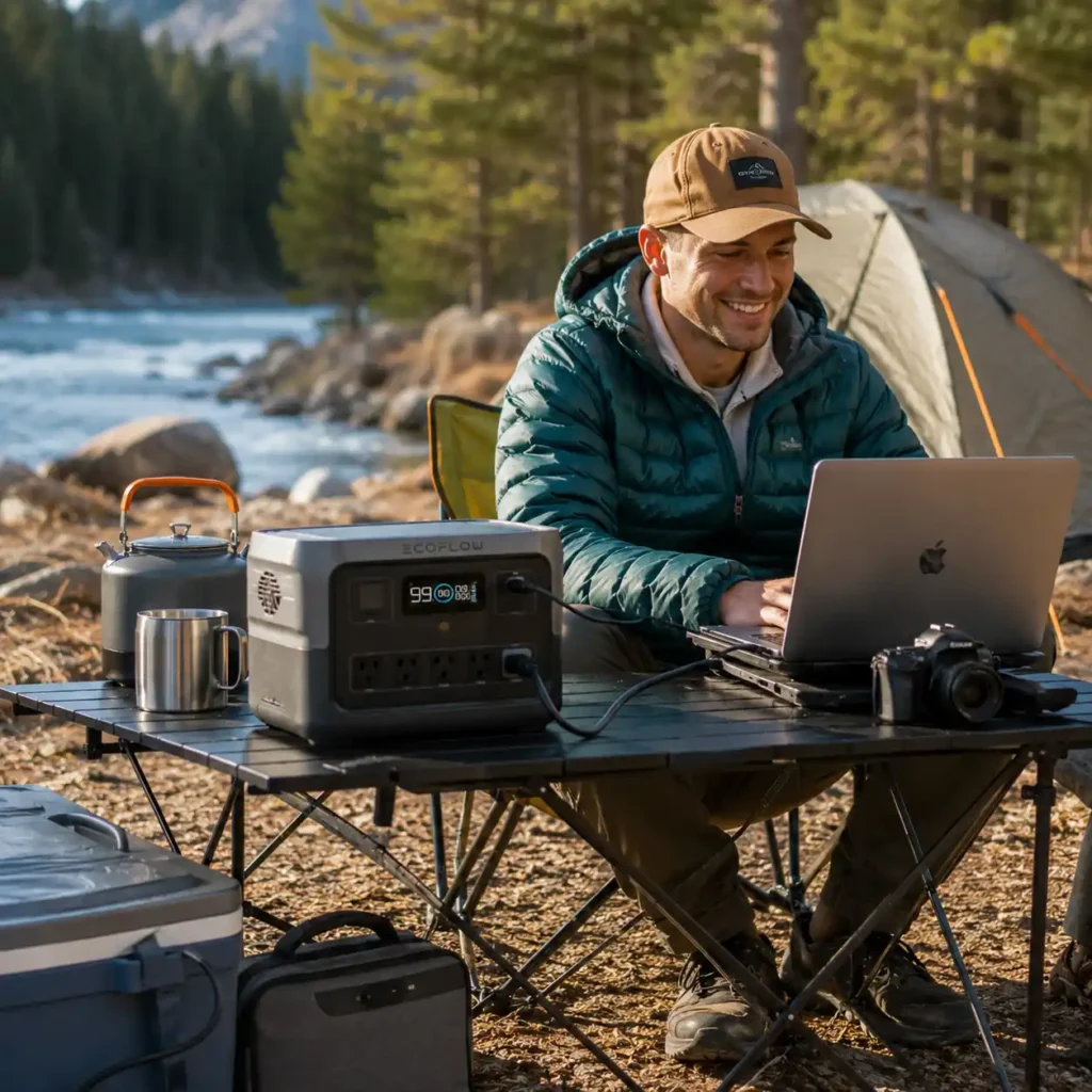EcoFlow RIVER 2 Pro portable power station charging a laptop and camping gear at a scenic riverside campsite during a weekend camping trip.