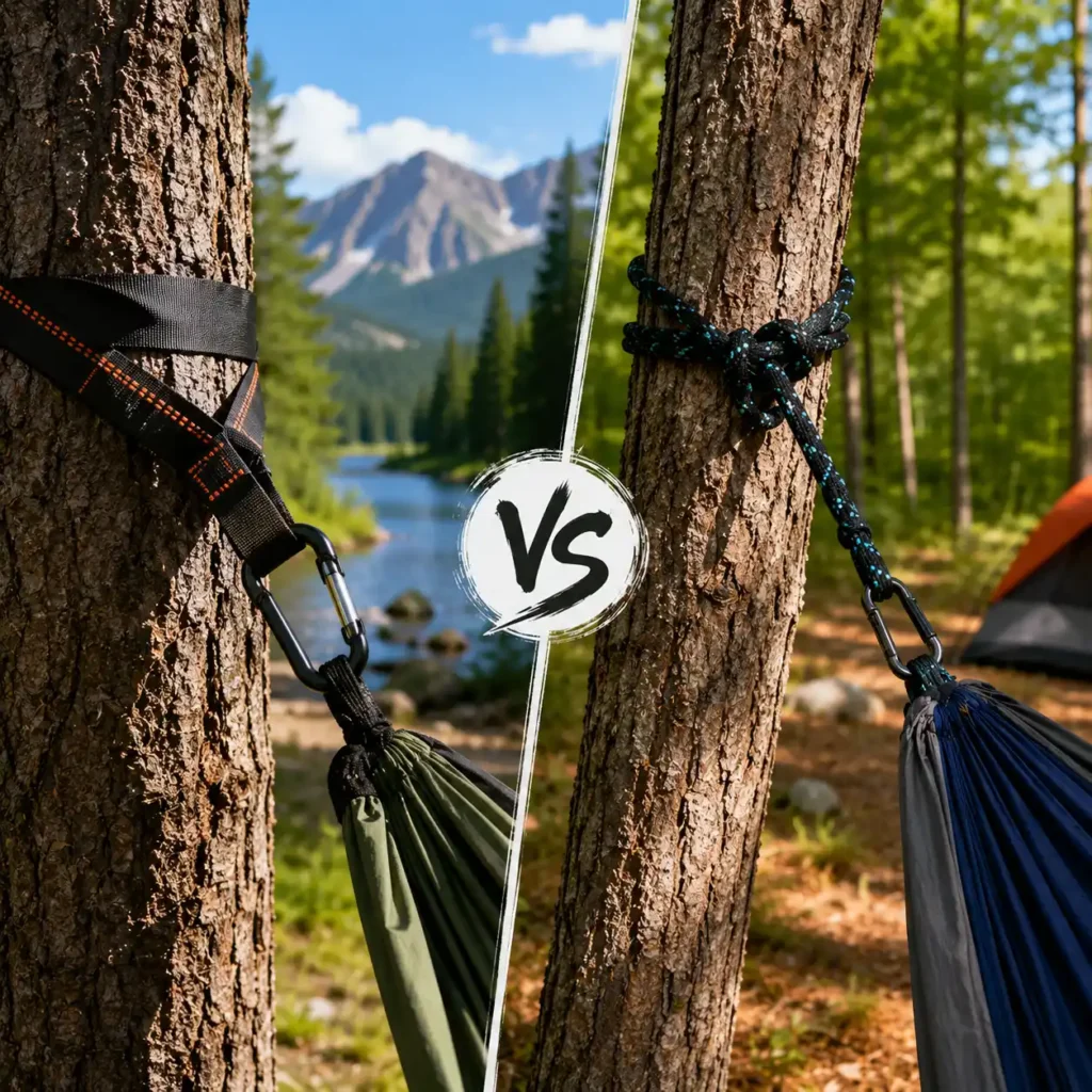 Comparison of hammock straps and rope suspension systems attached to trees in a forest campsite, showing two popular hammock setup methods for camping.