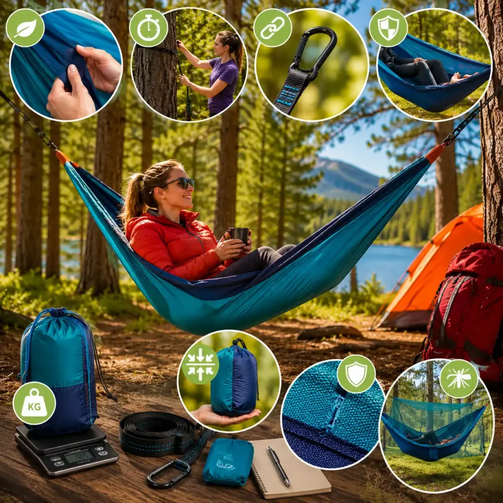 Camper evaluating camping hammocks by testing comfort, setup speed, suspension systems, packability, and durability at a forest campsite