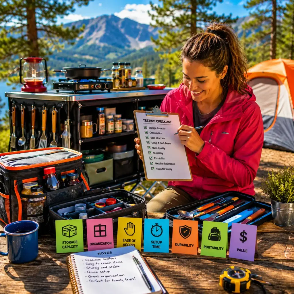 Camper evaluating camping kitchen organizers and cook stations at a lakeside campsite using real-world testing criteria
