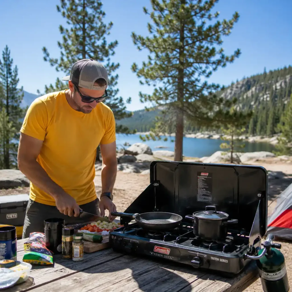 Man cooking at a lakeside campsite using a two-burner propane camping stove on a sunny day