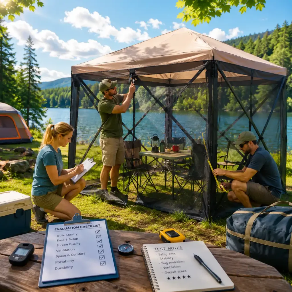 Campers testing and evaluating a screen house at a sunny lakeside campsite, checking setup time, build quality, and overall performance