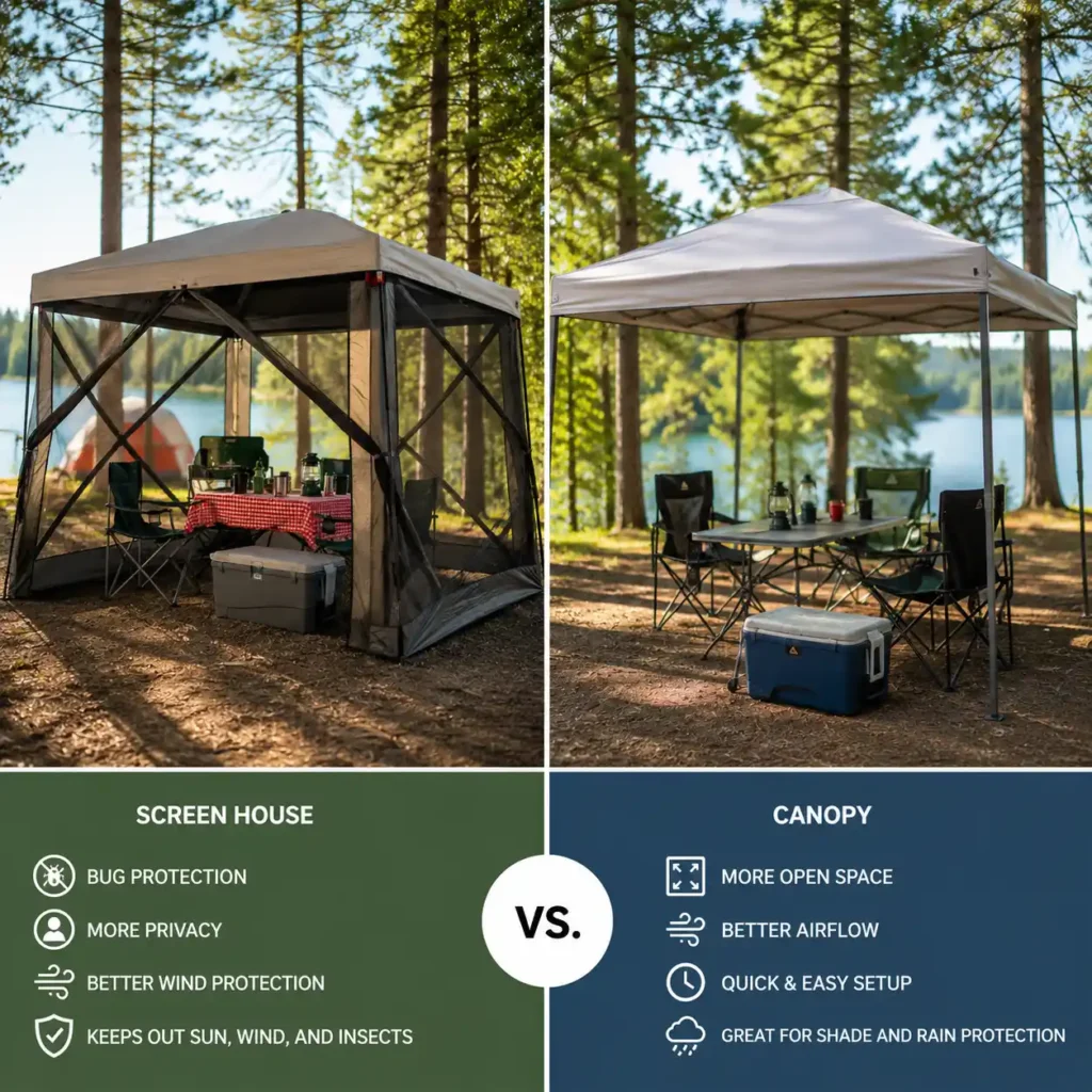 Side-by-side comparison of a camping screen house and an outdoor canopy at a sunny lakeside campsite, highlighting their different designs and camping uses.