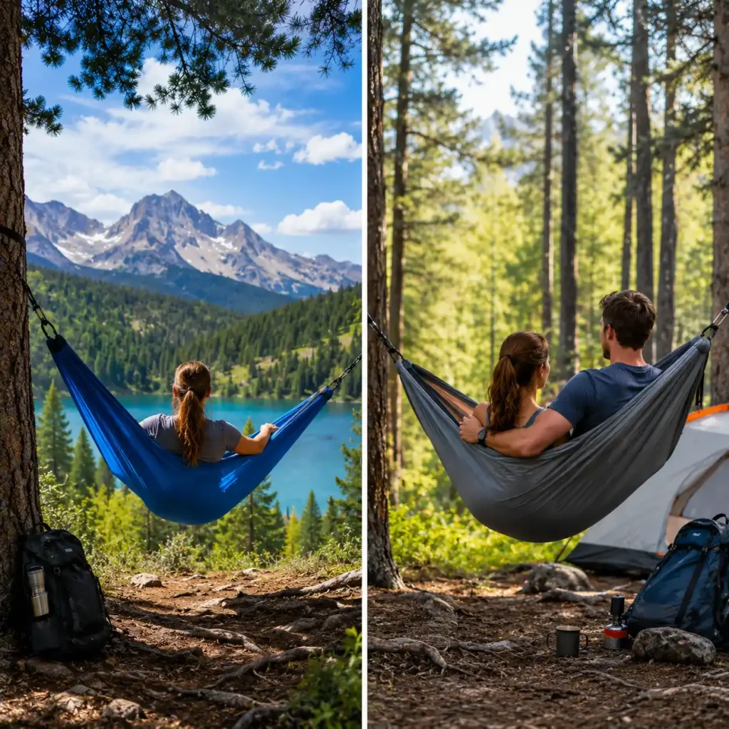 Single camping hammock and double camping hammock compared in a scenic forest campsite, showing solo and couple hammock camping experiences.