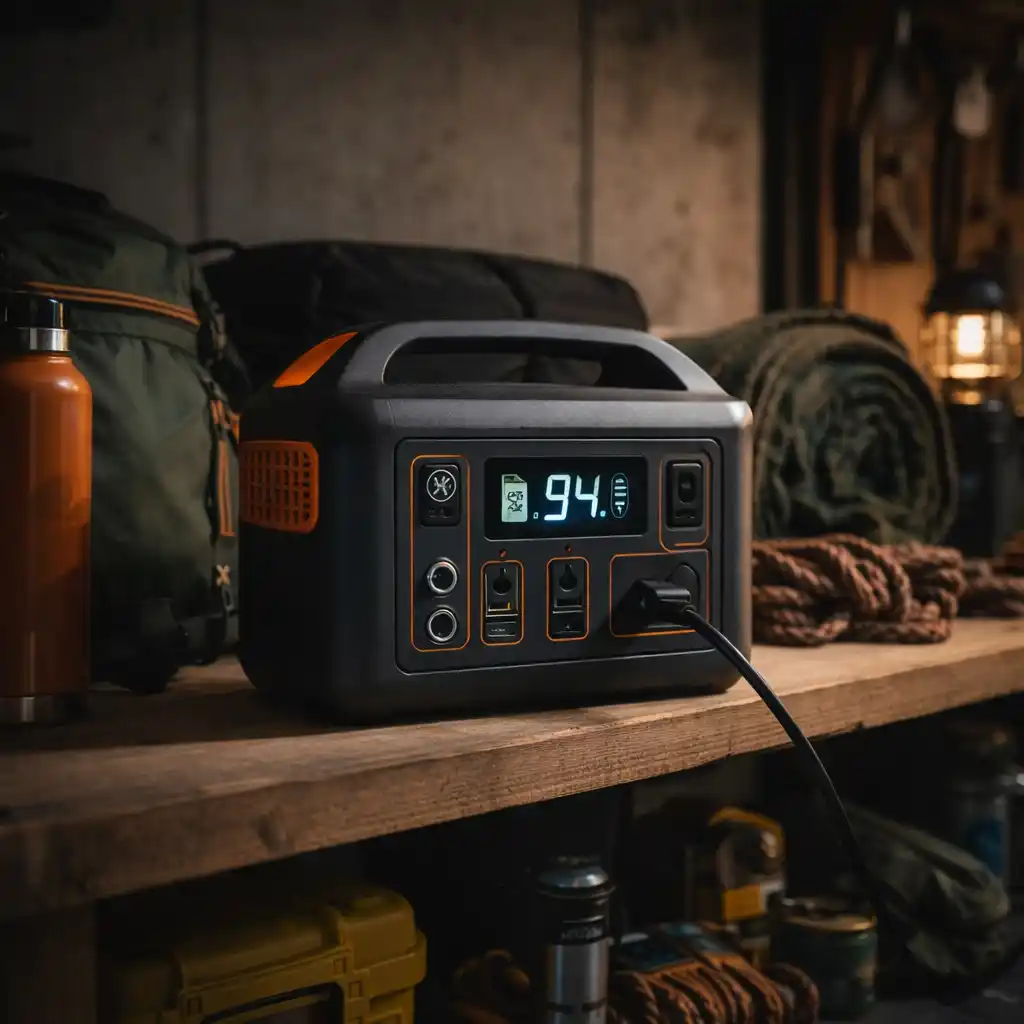 Storing portable power station and camping electronics safely on a shelf