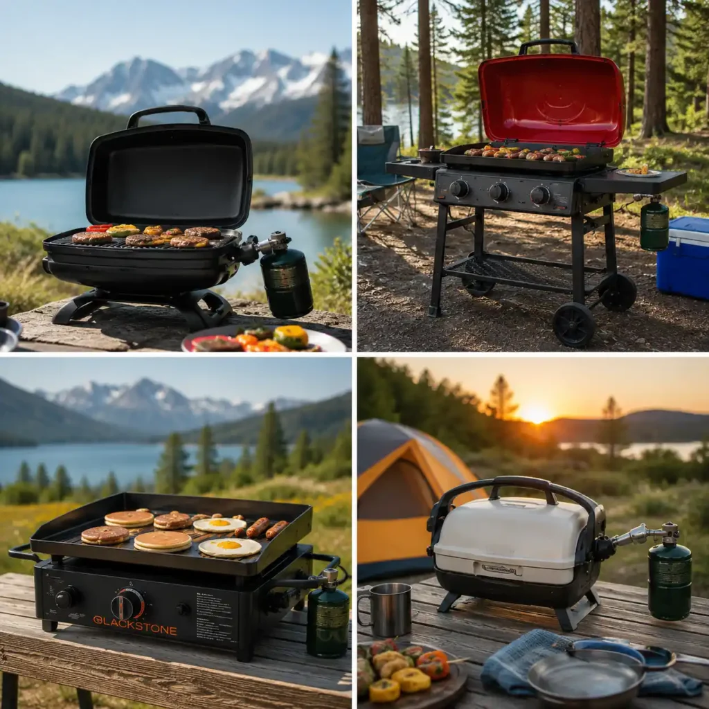 Collage showing different types of portable camping gas grills, including tabletop grills, stand-up grills, griddles, and ultra-compact models for car camping.