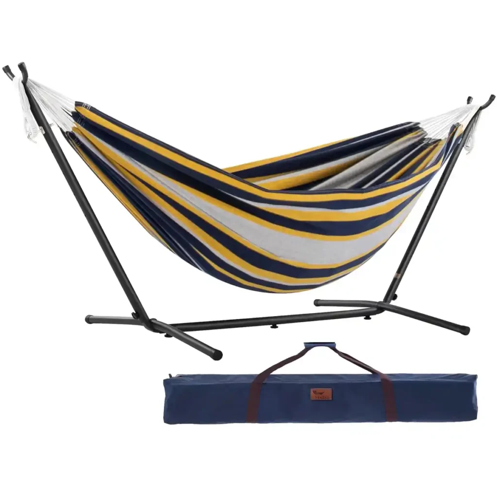 Vivere double cotton hammock with steel stand for car camping