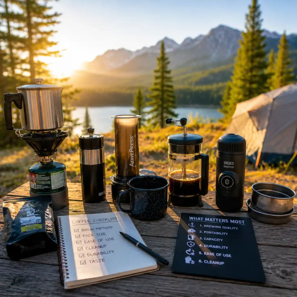 Camping coffee makers and brewing essentials displayed on a sunny lakeside campsite, highlighting key factors to consider when choosing a camping coffee maker.