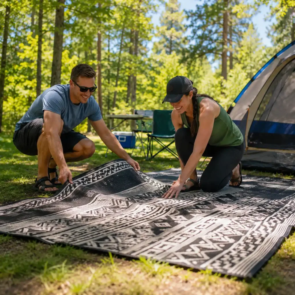Alt Text: Campers setting up a camping rug outside a tent while evaluating comfort, durability, and campsite cleanliness