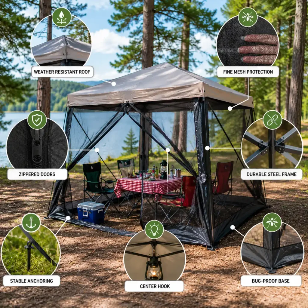Camping screen house at a sunny lakeside campsite with highlighted features including durable frame, fine mesh walls, weather-resistant roof, secure anchoring, zippered entrances, and insect protection.