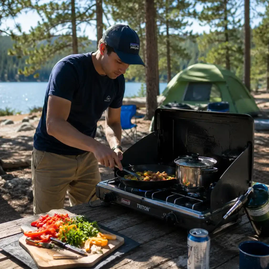 Man cooking outdoors on a two-burner propane camping stove at a sunny lakeside campsite