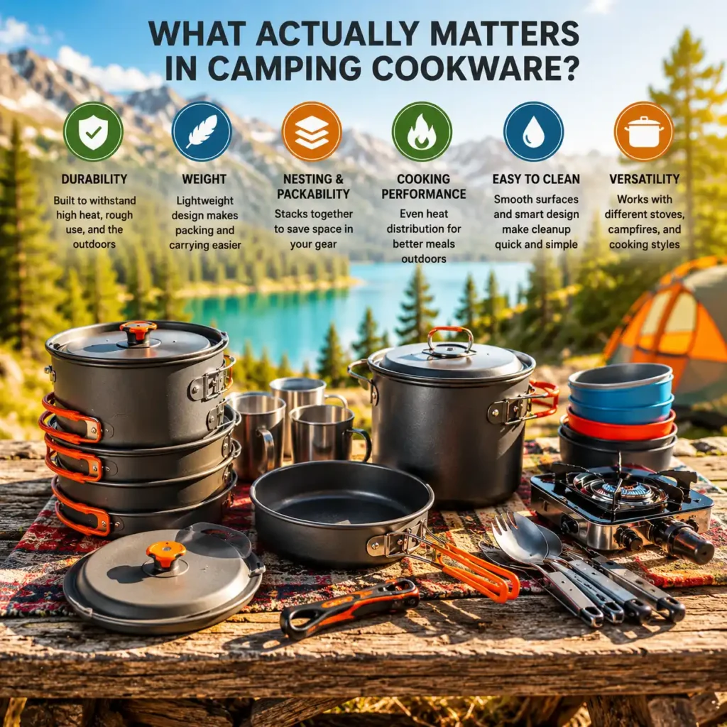 Camping cookware essentials displayed at a sunny mountain campsite highlighting the key factors that matter most when choosing camping cookware.